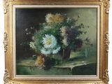 une peinture à l'huile représentant des fleurs dans un vase sur une table