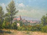 tableau représentant une vue d'une ville avec une église au loin