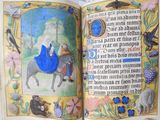 an open book with a picture of a man riding a donkey