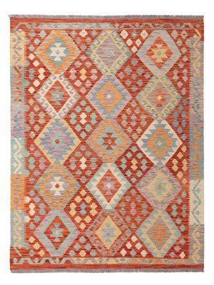 Kilim Afghan en laine Couleur rouge et beige 198 x 148