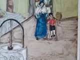 dessin représentant un tableau où l'on voit une femme et deux enfants devant une maison