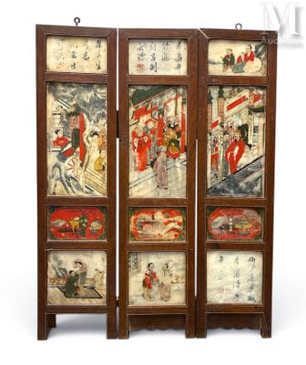 une image représentant un paravent à trois panneaux orné de peintures asiatiques