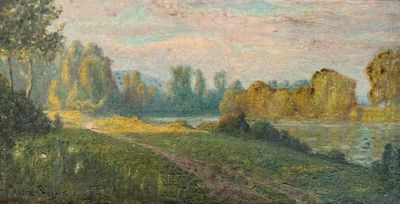 peinture d'un paysage avec une rivière et des arbres au premier plan