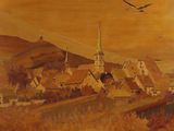a painting of a town with a bird flying over it
