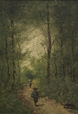 un tableau représentant un homme marchant sur un sentier dans les bois