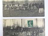 two old black and white photos of a group of people with dogs