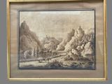painting of a mountain scene with a horse drawn carriage in the foreground and a mountain range in the background