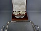 silver plated serving tray with two bowls and a wooden box