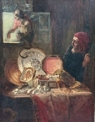 tableau représentant un homme assis à une table devant un tableau représentant un chat