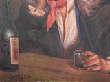 a painting of two men sitting at a table with a bottle of wine