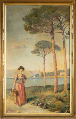 Tableau représentant une femme avec un panier de fleurs au bord d'un lac