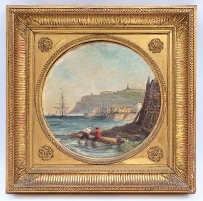 un vieux tableau représentant un homme dans un bateau sur l'eau