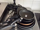 pots and pans sit on a stove top in a kitchen