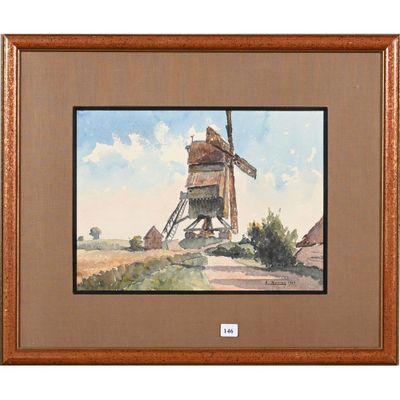 aquarelle encadrée représentant un moulin à vent dans un décor champêtre