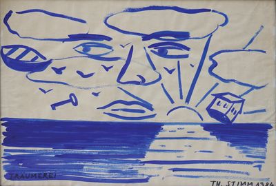 dessin à l'encre bleue représentant le visage d'un homme avec un bateau en arrière-plan
