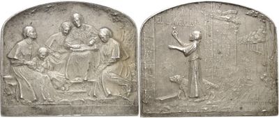 two silver medallions depicting the last supper of jesus and the last supper of jesus