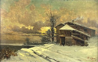 an oil painting of a cabin in the snow with a lake in the background