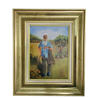 an oil painting of a man in a field with a mower