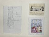 three drawings of a building and a drawing of a house