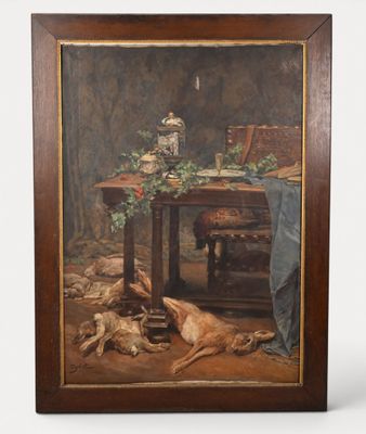 an oil painting of a dog laying on the ground next to a table with a bottle of wine