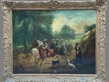 a painting of a man riding a horse with a group of people
