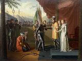 tableau représentant un homme serrant la main d'une femme sur une scène