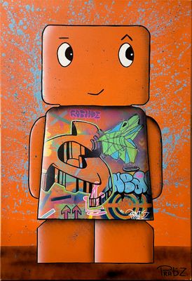 tableau représentant un robot sur lequel est peint un signe « $ »