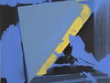 an abstract painting of blue and yellow shapes on a black background