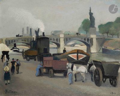 un tableau représentant des personnes marchant dans une rue, avec un cheval et une calèche