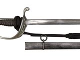 a sword with a metal handle and a black sheath