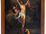 an oil painting of jesus on the cross with angels on the ground