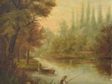 painting of two men fishing on a river with trees in the background