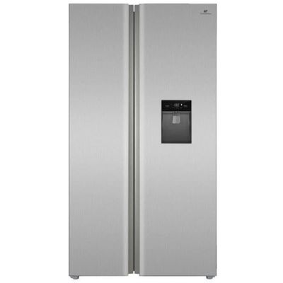 a stainless steel refrigerator freezer with a water dispenser