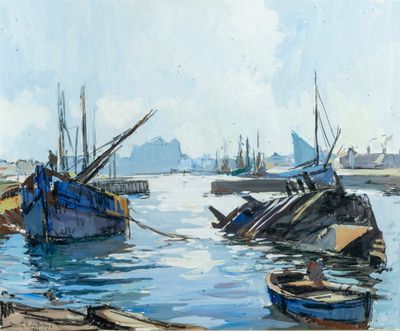 a painting of several boats in the water near a shore