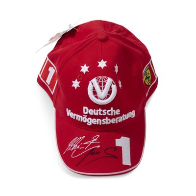 the hat is red and has a picture of a soccer player on it