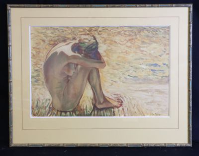 painting of a nude woman sitting on the ground with her head in her hands
