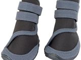 pair of gray and black dog boots on a white background