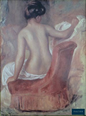 an image of a painting of a woman sitting on a red chair