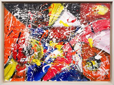 abstract painting of red, yellow, blue, and white paint on a white frame