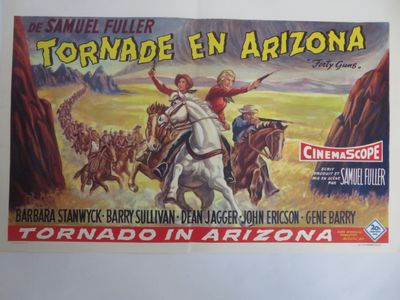 peinture représentant une affiche de cinéma sur laquelle figure un homme à cheval devant un groupe de personnes