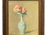 painting of a painting of a vase with pink flowers in it