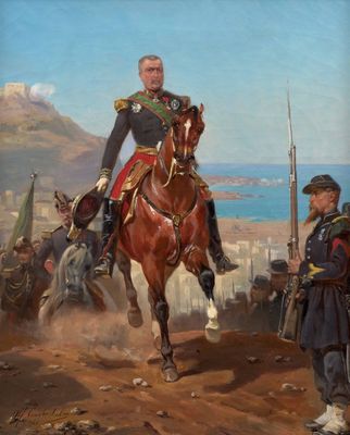 un tableau représentant un homme à cheval sur la plage