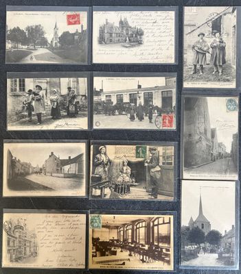 an old black and white photo of a bunch of old postcards