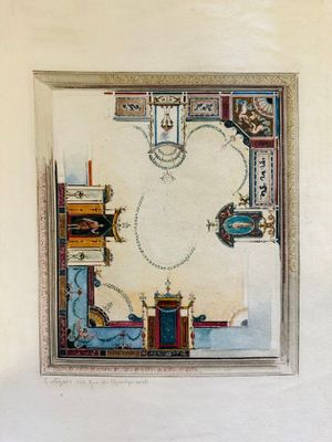 une photo d'un dessin représentant une pièce avec une horloge accrochée au mur