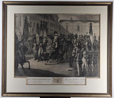 painting of a group of men riding horses in front of a building