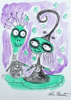 dessin représentant deux créatures ressemblant à des extraterrestres sur un fond violet