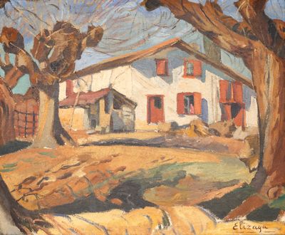 an oil painting of a house and trees in a field