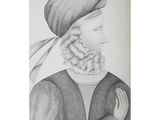an old drawing of a woman with a hat and a scarf