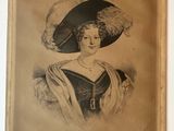 an old picture of a woman wearing a large hat with feathers
