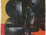 an image of a black and red painting on a yellow and red background